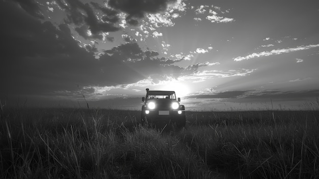 Bezpłatne zdjęcie black and white view of off-road vehicle driven on rough terrain