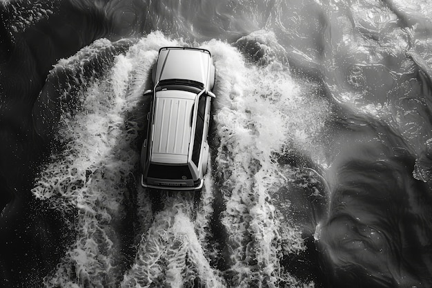 Bezpłatne zdjęcie black and white view of off-road vehicle driven on rough terrain