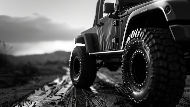 Bezpłatne zdjęcie black and white view of off-road vehicle driven on rough terrain