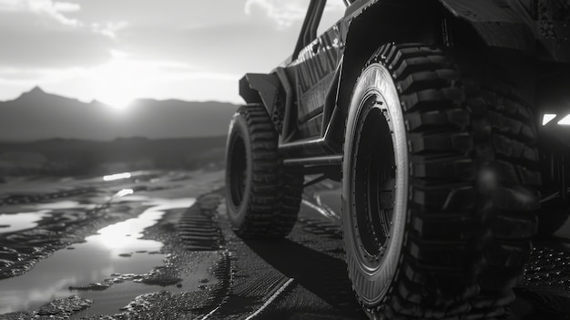 Bezpłatne zdjęcie black and white view of off-road vehicle driven on rough terrain