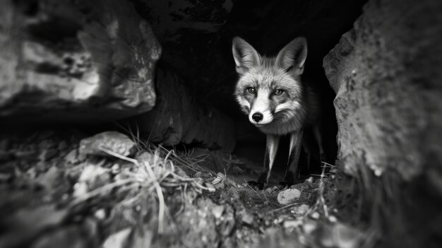 Bezpłatne zdjęcie black and white view of wild fox in its natural habitat