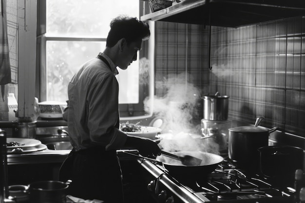 Bezpłatne zdjęcie black and white vintage portrait of man doing housework and household chores