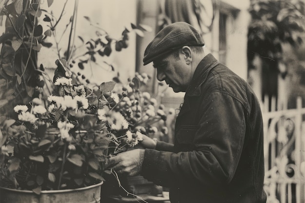 Bezpłatne zdjęcie black and white vintage portrait of man doing housework and household chores