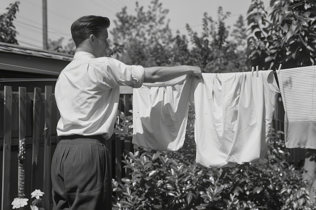 Bezpłatne zdjęcie black and white vintage portrait of man doing housework and household chores