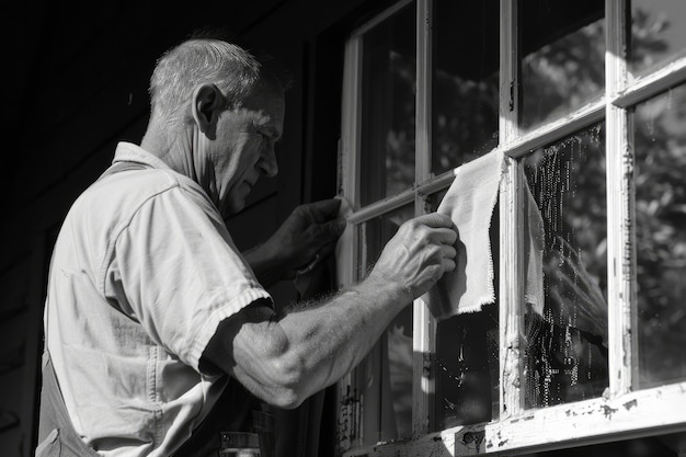 Bezpłatne zdjęcie black and white vintage portrait of man doing housework and household chores