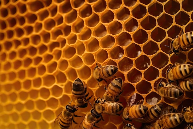 Bliska plaster miodu z pszczołą i miodem generatywnym Ai