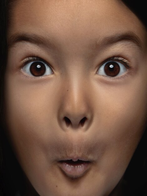 Bliska portret dziewczynki azjatyckie małe i emocjonalne. Bardzo szczegółowa sesja zdjęciowa modelki o zadbanej skórze i jasnym wyrazie twarzy. Pojęcie ludzkich emocji. Wygląda na zszokowanego i zdumionego.