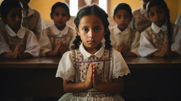 Bezpłatne zdjęcie bliskie zdjęcie meksykańskiego dziecka modlącego się