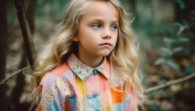 Blond włosa dziewczyna uśmiecha się w jesiennym lesie wygenerowanym przez AI
