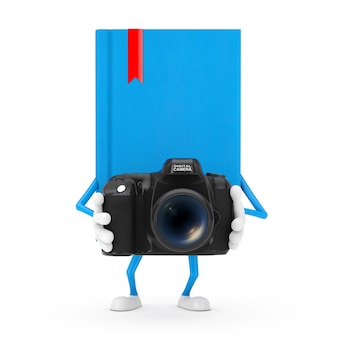 Blue book charakter maskotka z nowoczesnym cyfrowym aparatem fotograficznym na białym tle. renderowanie 3d