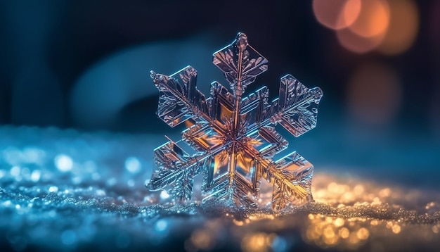 Błyszcząca dekoracja płatka śniegu na mroźnej zimowej nocy generatywnej sztucznej inteligencji