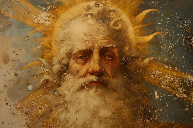 Bóg Słońca przedstawiony jako potężny człowiek w renesansowym otoczeniu