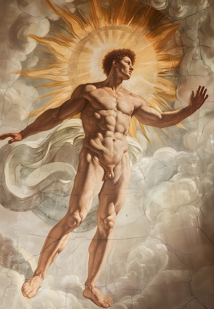 Bóg Słońca przedstawiony jako potężny człowiek w renesansowym otoczeniu
