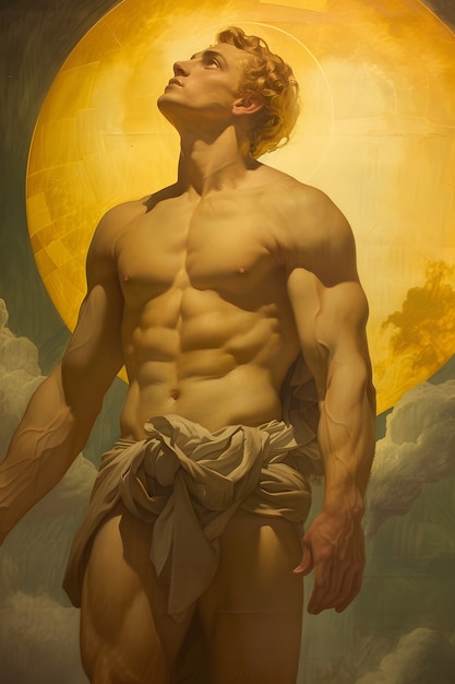 Bezpłatne zdjęcie bóg słońca przedstawiony jako potężny człowiek w renesansowym otoczeniu