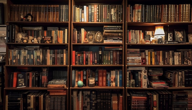 Bogata kolekcja antycznych książek na drewnianych półkach generowana przez sztuczną inteligencję