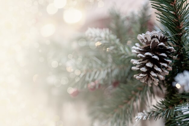 Boże Narodzenie efekt bokeh tło z sosnowych gałęzi, szyszek i miejsca na napis