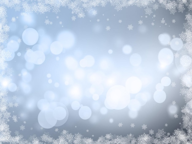 Boże Narodzenie srebrne tło ze światłami bokeh i obramowaniem płatka śniegu