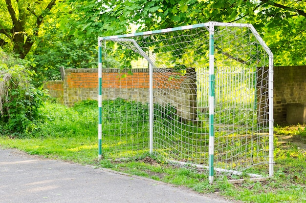 Brama z piłką na boisku do piłki nożnej w parku otoczonym zielenią