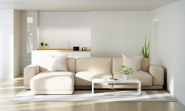 Brązowa sofa w białym salonie z miejscem na kopię