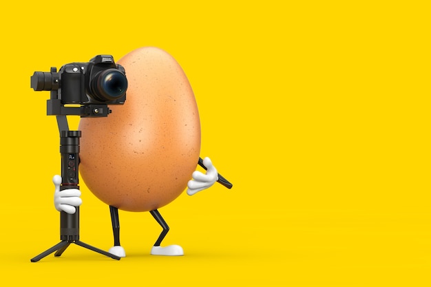 Brązowy kurczak jajko osoba maskotka postaci z lustrzanką cyfrową lub systemem stabilizacji gimbal kamery wideo na żółtym tle. renderowanie 3d