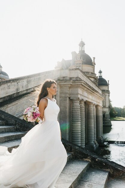 Bezpłatne zdjęcie bride schodzi na dół przed kolumnami nad rzeką w paris