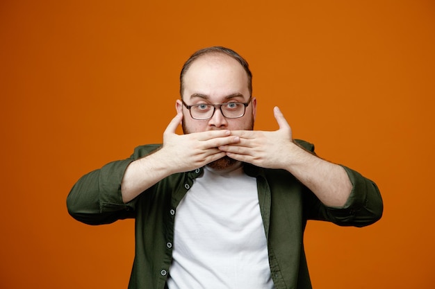 Brodaty mężczyzna w zwykłych ubraniach w okularach, patrzący na kamerę z poważną twarzą zakrywającą usta rękami stojącymi na pomarańczowym tle