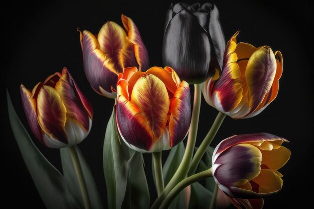 Bukiet czerwonych tulipanów w żywych odcieniach na rozmytym tle Świeże wiosenne kwiaty tulipanów kwitną na poziomym kwiatowym plakacie Kolorowe wiosenne kwiaty z zielonym liściem Generacyjna sztuczna inteligencja