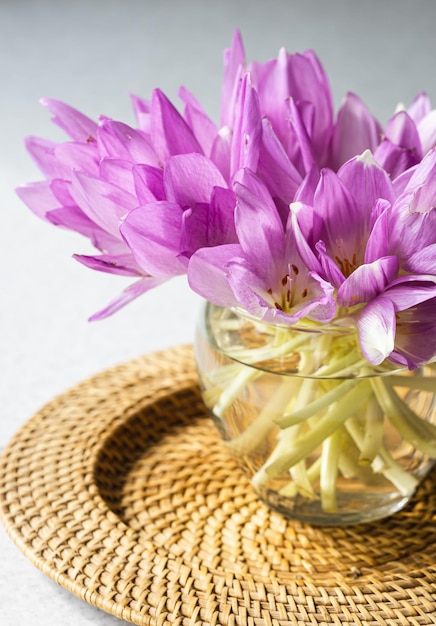 Bezpłatne zdjęcie bukiet fioletowych krokusów w szklanym wazonie