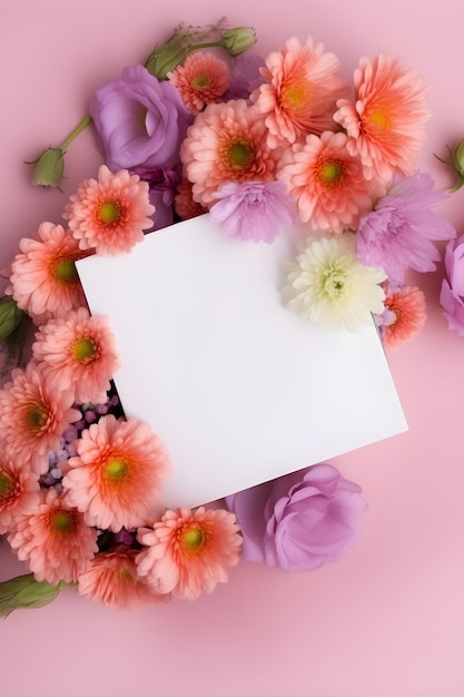 Bezpłatne zdjęcie bukiet kwiatów na różowym tle z białą kartą