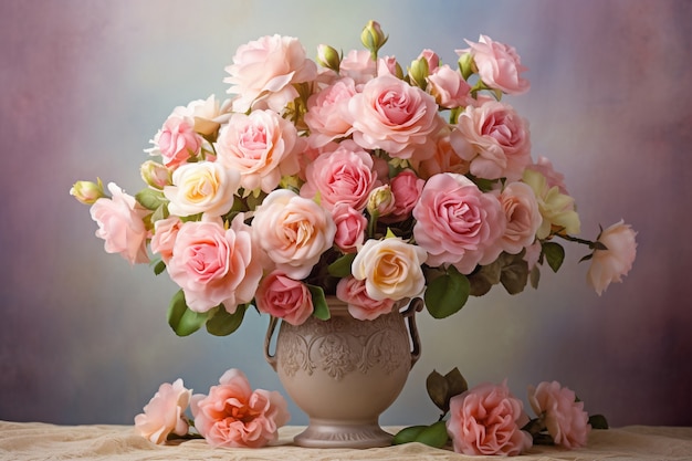 Bukiet pięknych kwitnących róż w wazonie