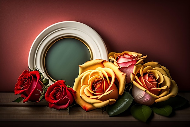 Bezpłatne zdjęcie bukiet róż leży na stole z białym talerzem w tle