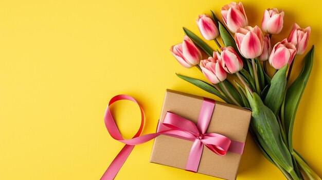 Bukiet tulipanów i prezent na żółtym tle