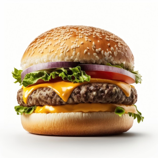 Burger smaczne samodzielnie na białym tle Świeży hamburger fastfood z wołowiną i serem