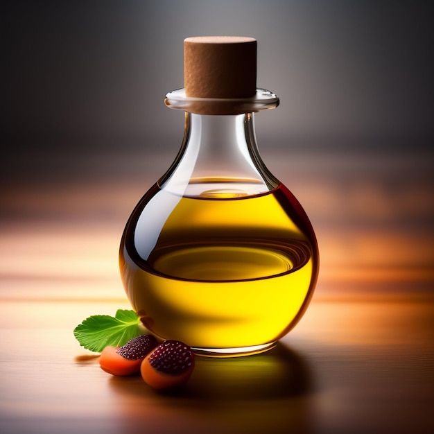 Butelka oliwy z oliwek z drewnianym wieczkiem i jagodami z boku.