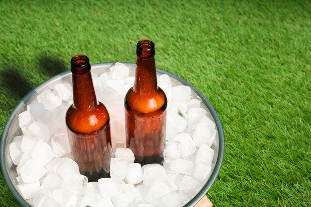Butelki do piwa o dużym kącie w tacy z lodem