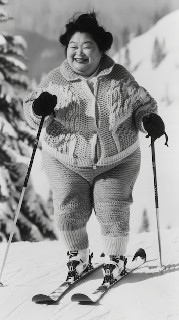 Całkowite zdjęcie kobiety na nartach monochromatycznych