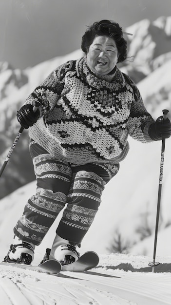 Bezpłatne zdjęcie całkowite zdjęcie kobiety na nartach monochromatycznych