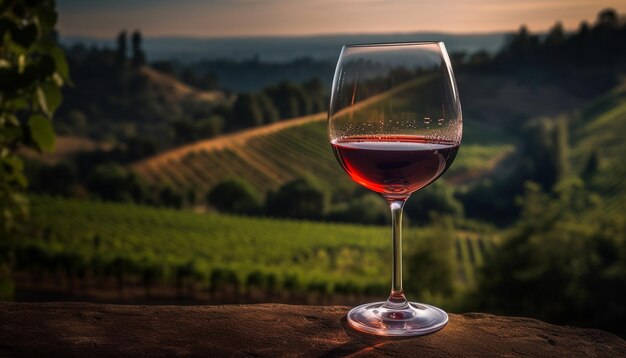 Celebracja zachodu słońca Picie cabernet sauvignon w wiejskiej scenie winnicy generowanej przez sztuczną inteligencję