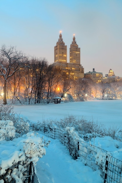 Central Park zimą w nocy z drapaczami chmur w centrum Manhattanu w Nowym Jorku