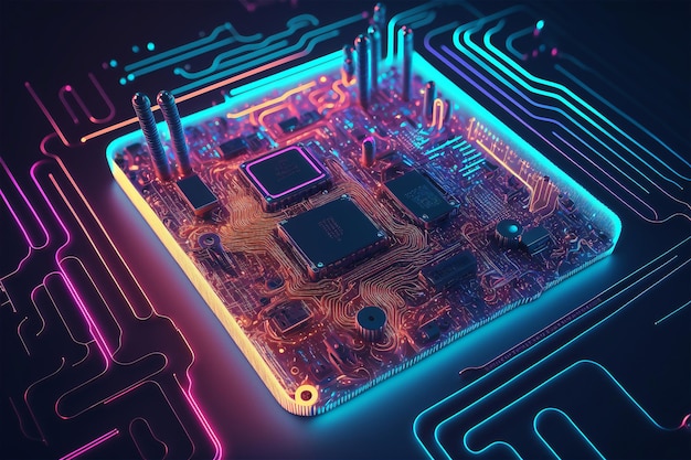 Bezpłatne zdjęcie centralny procesor komputerowy ze zintegrowaną płytką mikroprocesorową z neonami dla serwera