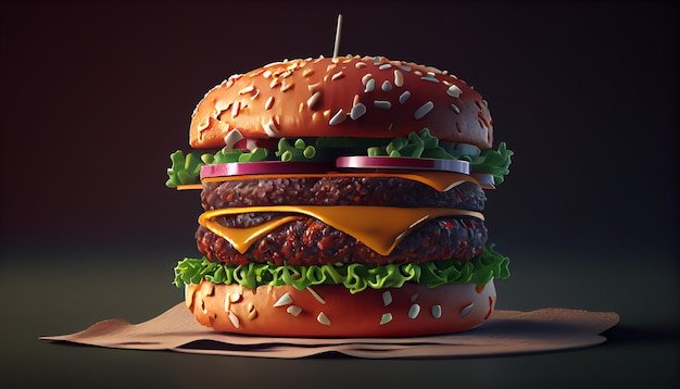 Bezpłatne zdjęcie cheeseburger dla smakoszy na bułce z sezamem sfotografowany w pomieszczeniu generatywnej sztucznej inteligencji