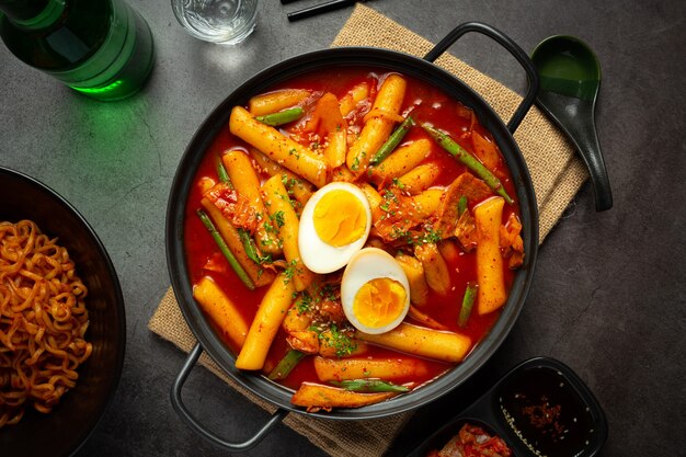 Cheesy Tokbokki koreańskie tradycyjne potrawy na tle czarnej tablicy. Danie na lunch.