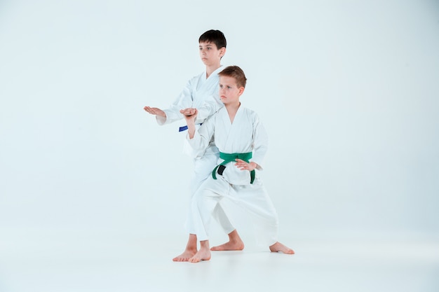 Chłopcy pozujący na treningu Aikido w szkole sztuk walki. Pojęcie zdrowego stylu życia i sportu