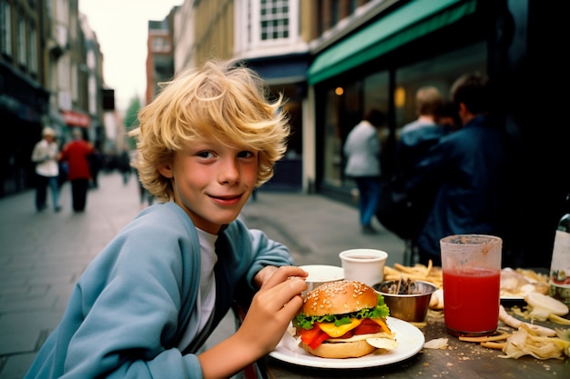 Bezpłatne zdjęcie chłopiec cieszy się hamburgerem.