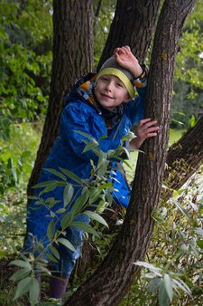 Chłopiec opiera się o drzewo. w pobliżu zielonej wierzby jesienią
