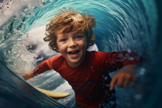 Bezpłatne zdjęcie chłopiec robiący selfie podczas pływania szczęśliwe twarze