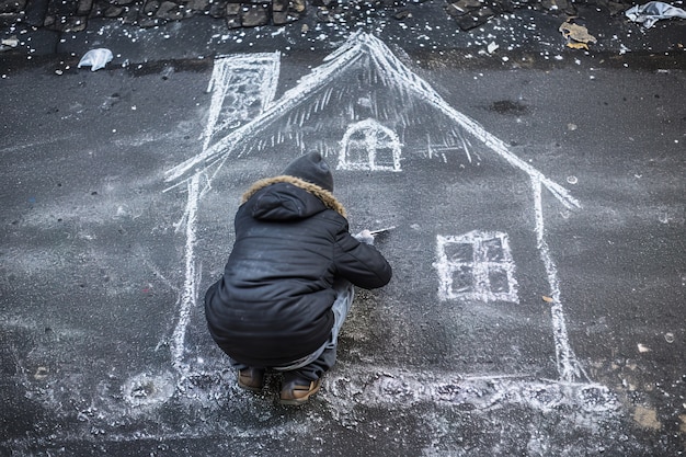 Chłopiec rysuje dom kredą na drodze.