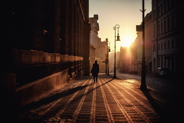 chłopiec spacerując po ulicy o zachodzie słońca