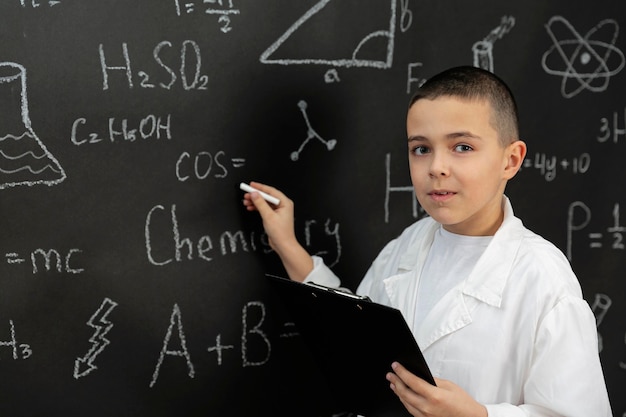 Chłopiec w laboratorium z pisaniem na płaszczu