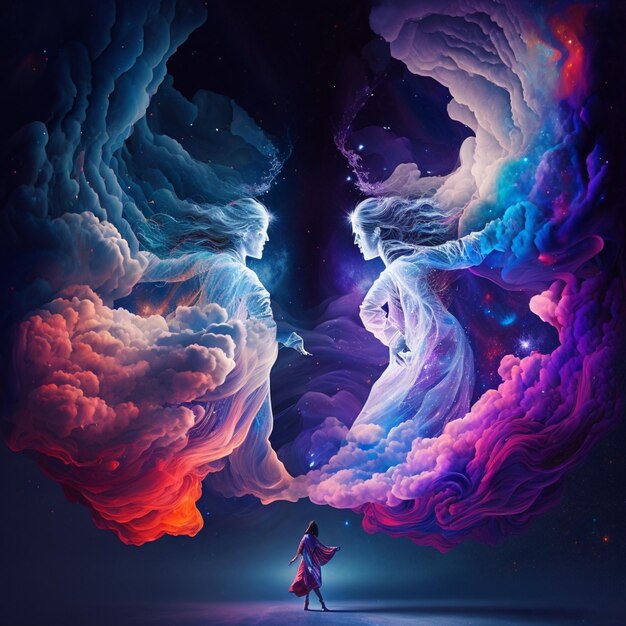 Chmura neonowy kolor z dziewczyną projektującą ilustracją